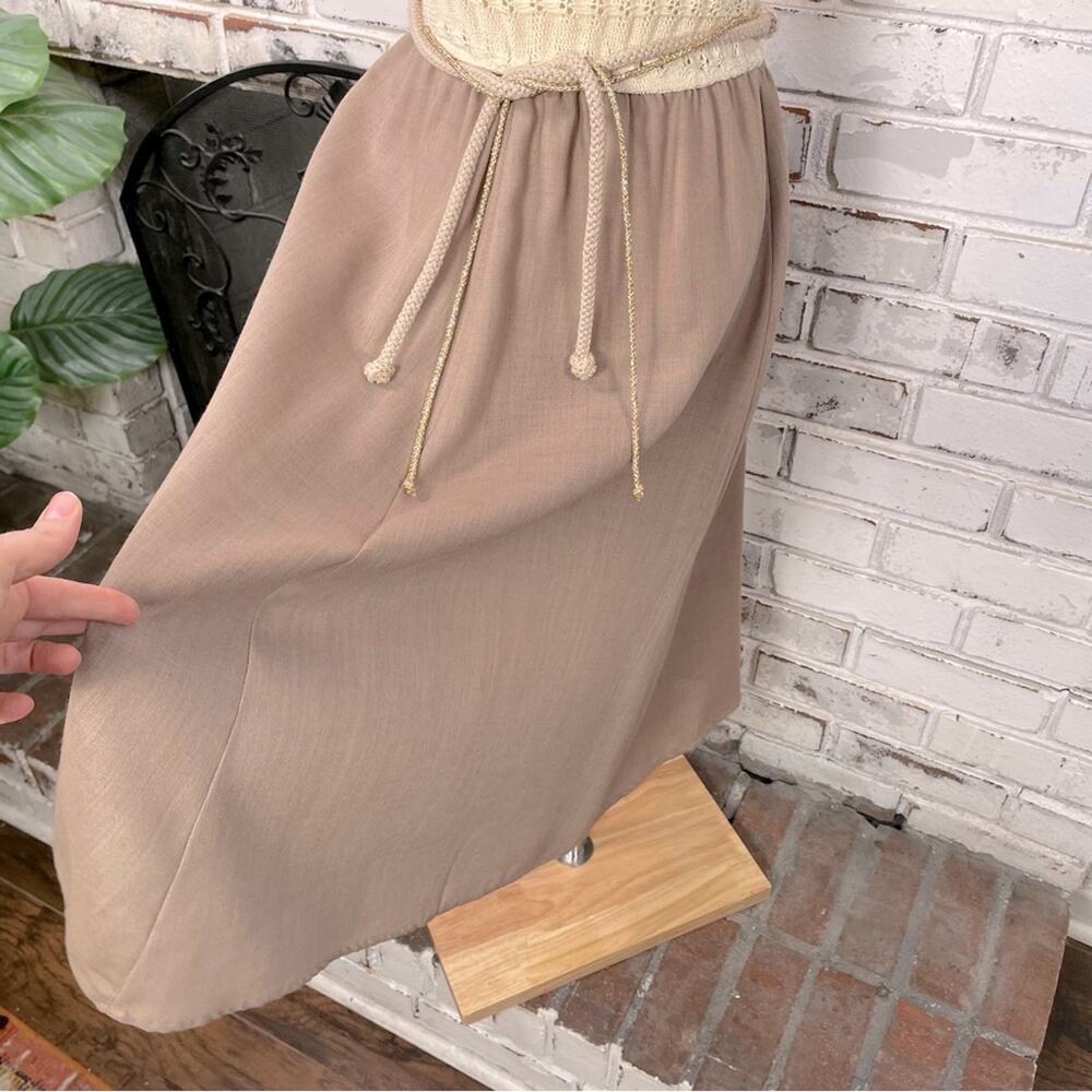 Vintage 70s Crochet Top Cream & Tan Metallic Rope Belt Pull On Midi Dress 6 - Picture 4 of 12